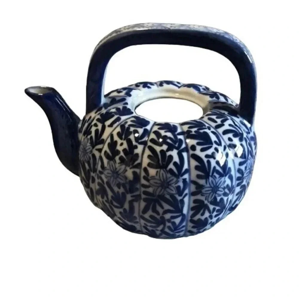 Blue White Floral Ceramic Teapot Unique Design Kitchen Decor Tea‎ Party